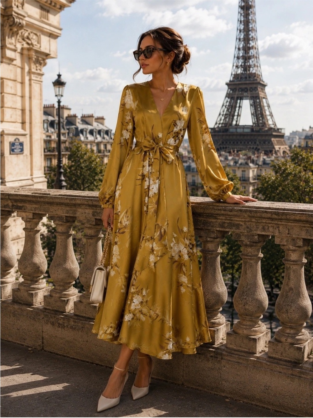 Rocky Barns Express  Satin Floral Wrap Midi Dress in Mustard Floral